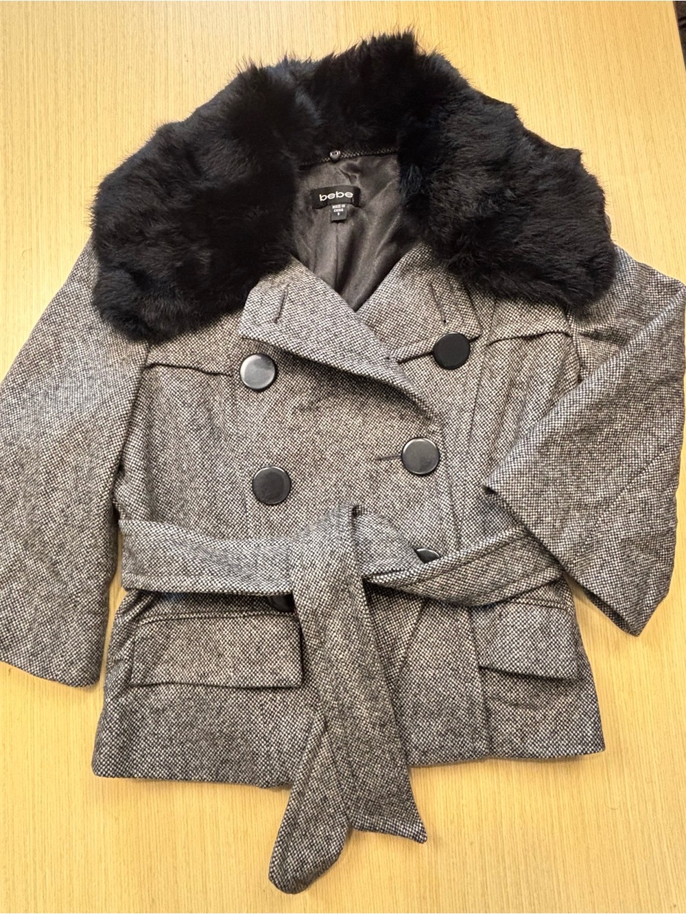 Bebe Brown Tweed Belted Peacoat Blazer Jacket Doublebreasted Fur Collar Size S
